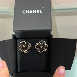 Chanel camellia flower CC logo studded earrings.
